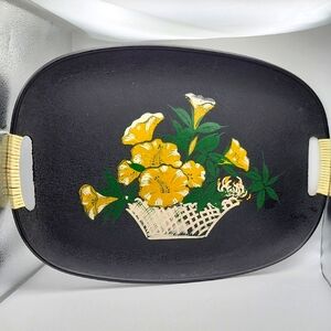 Vintage Black Tray with Yellow Floral Design